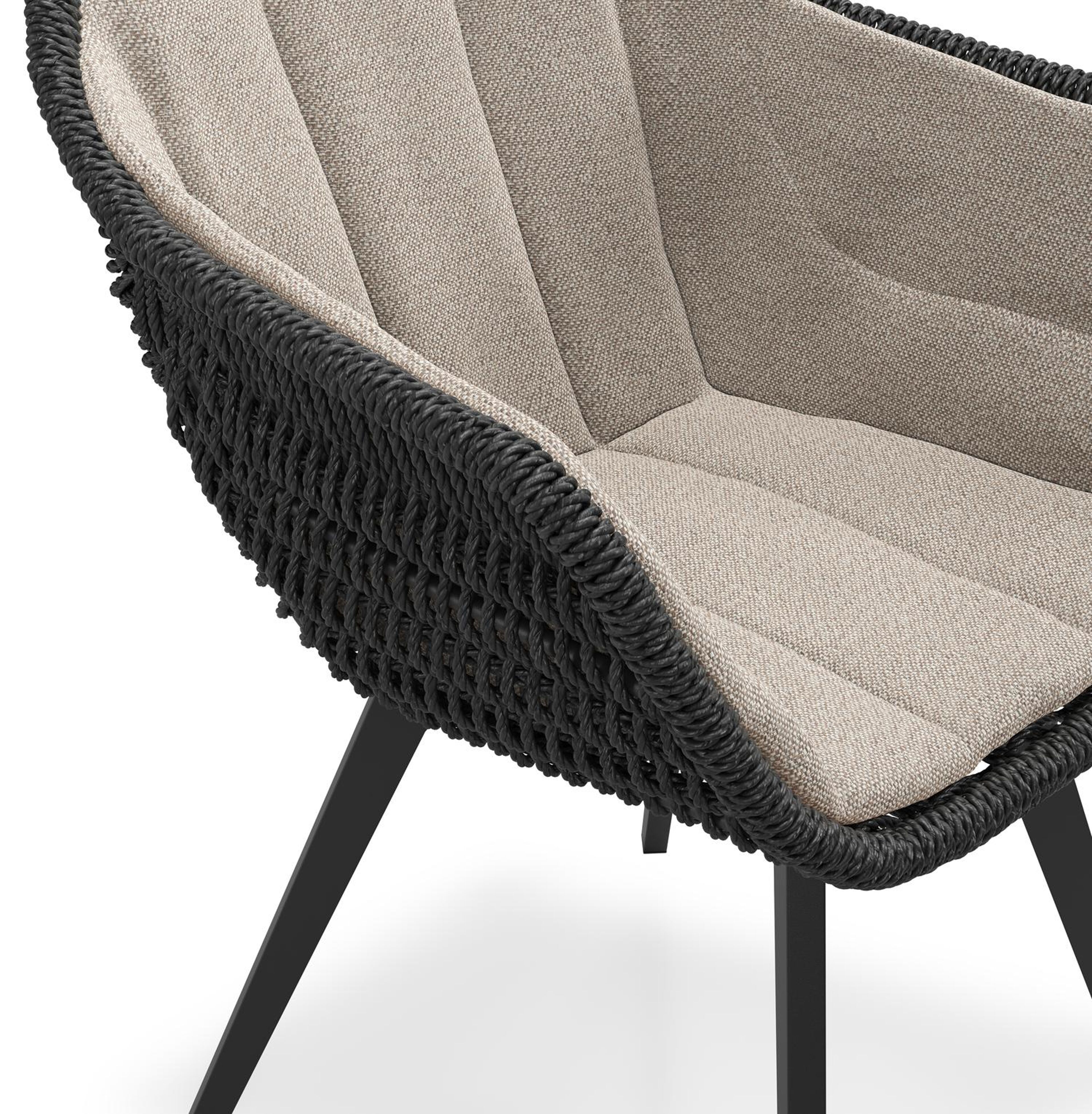 Pagino tuinstoel in zwart aluminium en zwart wicker met kussen in savane coconut all weather sunbrella® luxe