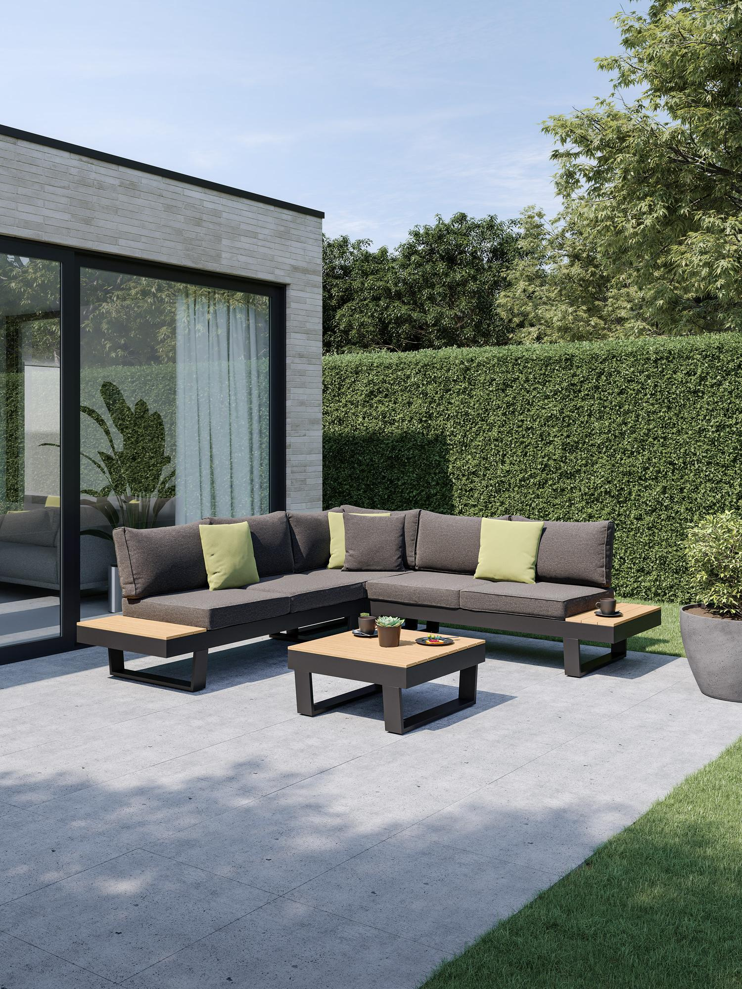 Salon de jardin d'angle Alora en aluminium noir et polywood et coussins en weather+ softtouch noir