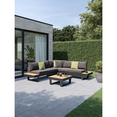Alora loungehoek in zwart aluminium en polywood met zwart Weather+ Softtouch kussen en loungetafel