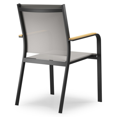Amalfi stapelbare tuinstoel in zwart aluminium en grijs textilene en teak armleuning