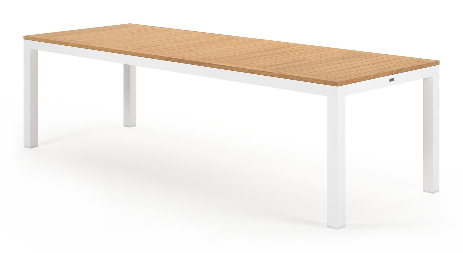 Varese tuinset in wit aluminium en naturel teak tafelblad met 10 stapelbare Calobra tuinstoelen