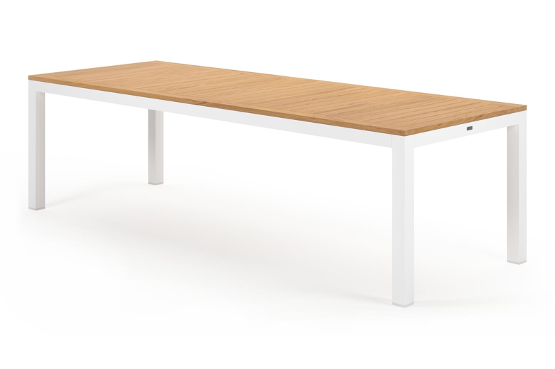 Ensemble de jardin Varese en aluminium blanc avec plateau de table en teck naturel et 10 chaises de jardin empilables Madura