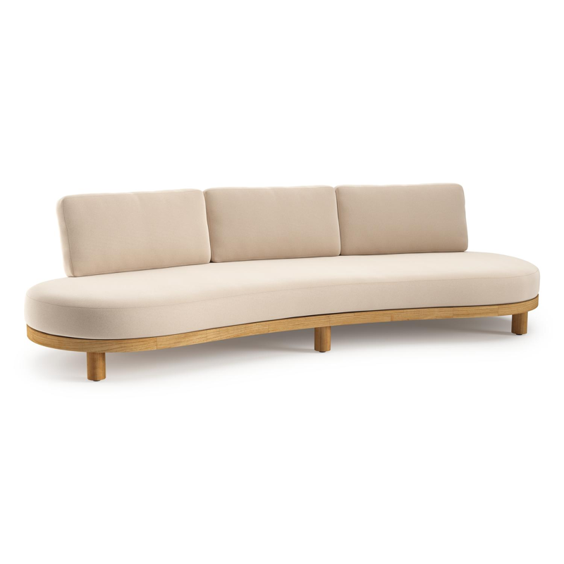 Donato loungebank in teak en beige verticaal geweven ronde rope met all weather sunbrella® luxe Natte Linen Chalk kussen