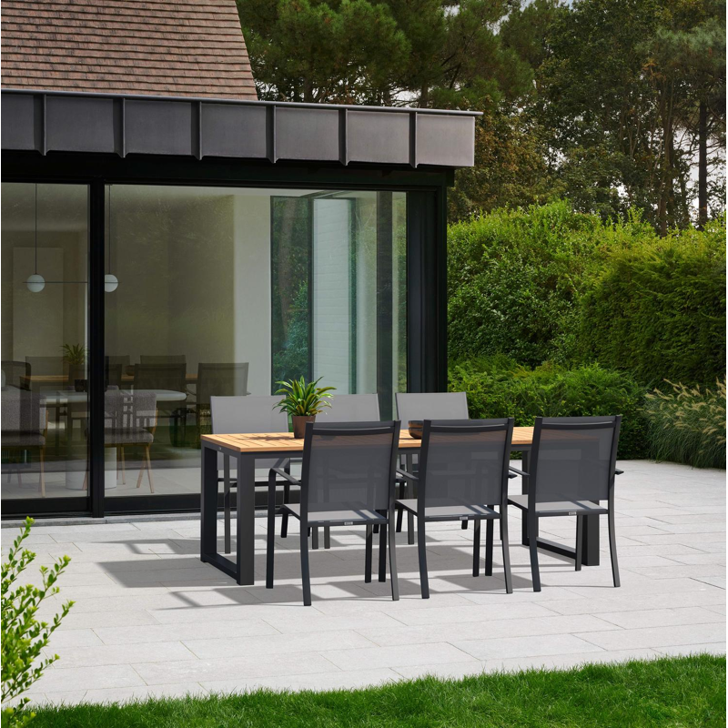 Livo tuinset in zwart aluminium en naturel teak tafelblad met 6 stapelbare Calobra tuinstoelen