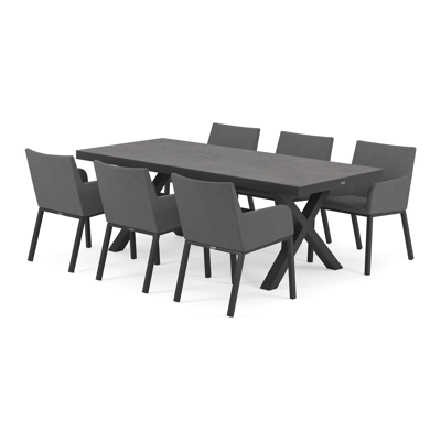 Ensemble de jardin Reza en aluminium noir avec plateau de table en céramique pleine gris et 6 chaises de jardin Rivo