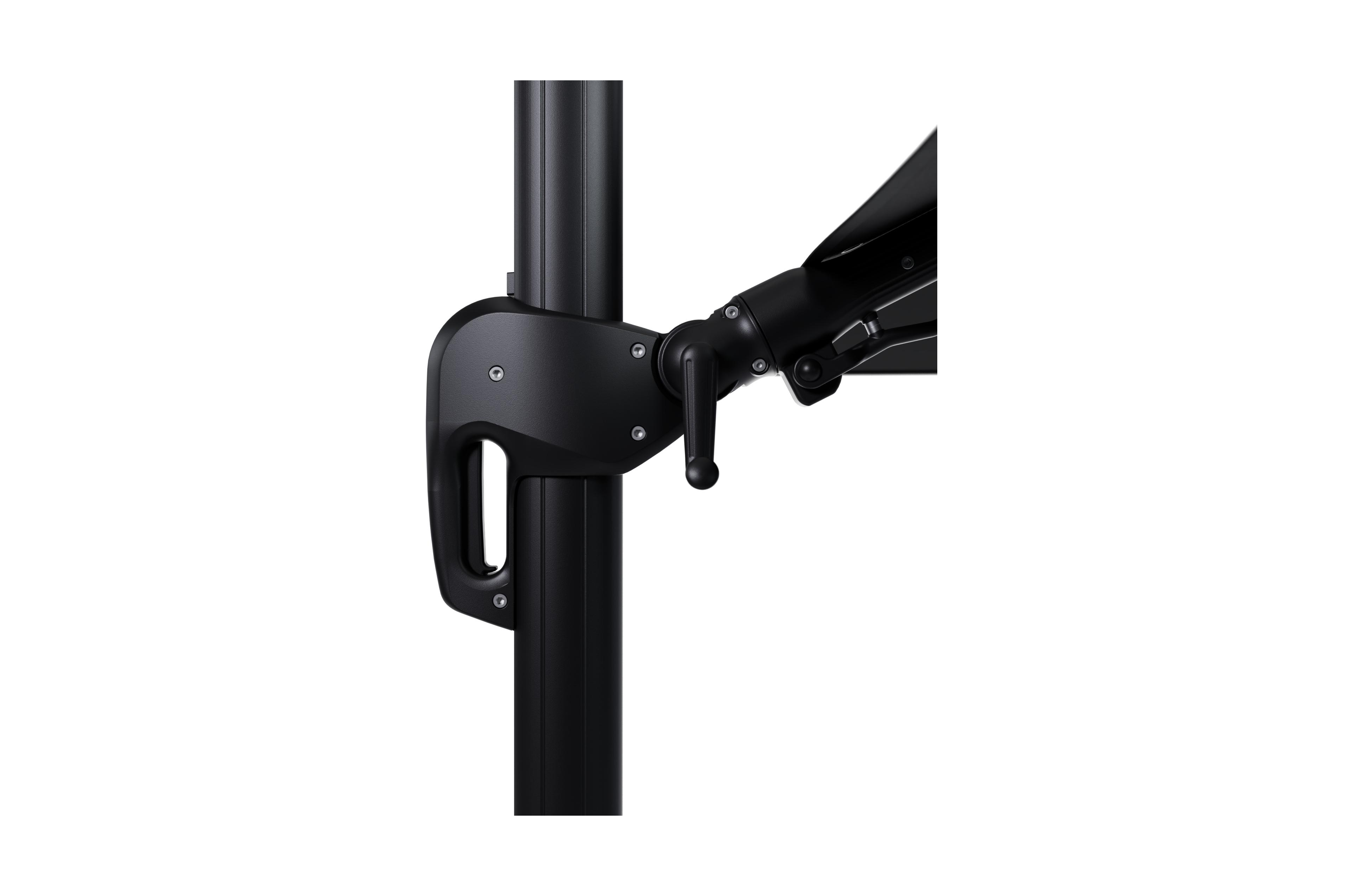 Rufina zweefparasol met tiltfunctie in zwart aluminium met zwart all weather sunbrella® premium parasoldoek - L1 350 x L2 250 cm met parasolvoet Lapido 120 kg