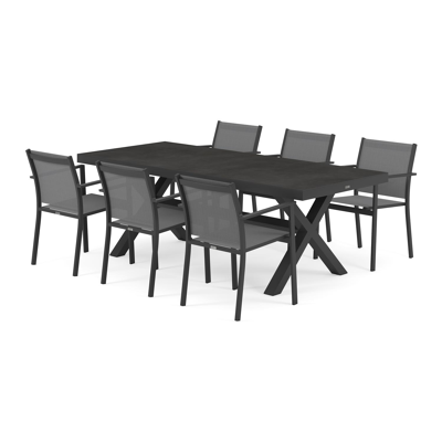 Reza tuinset in zwart aluminium en zwart volkeramiek tafelblad met 6 stapelbare Bareto tuinstoelen