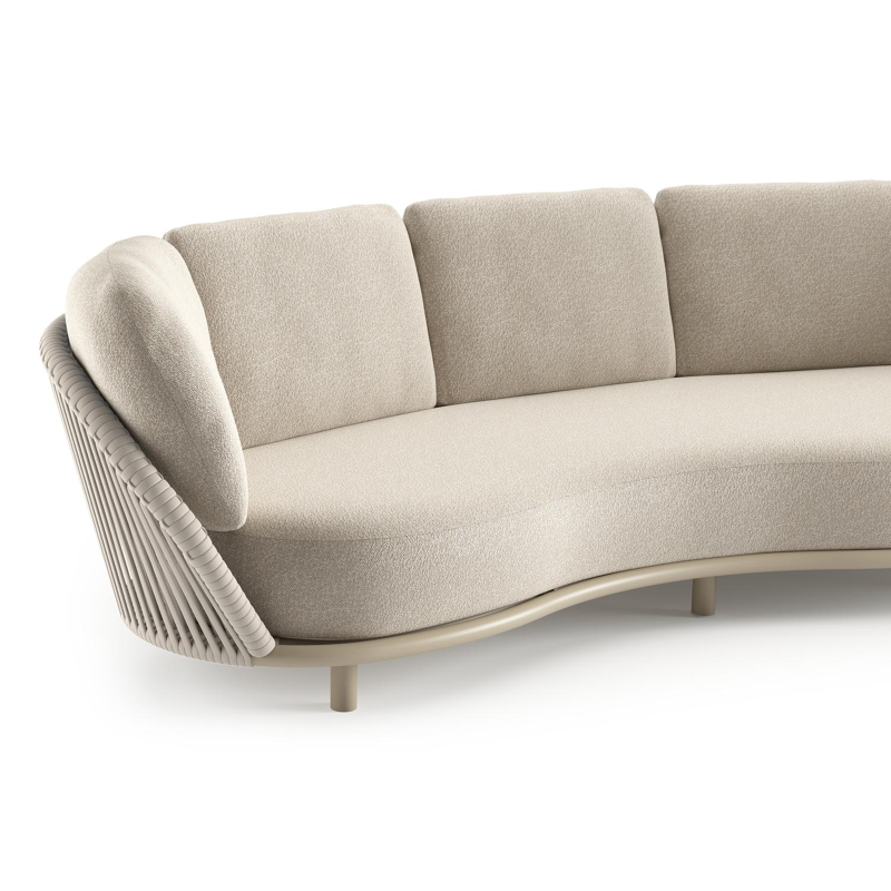 Lupino loungeset in beige aluminium en beige verticaal geweven luxe vlakke brede rope met marbella ecru all weather cosytica kussen