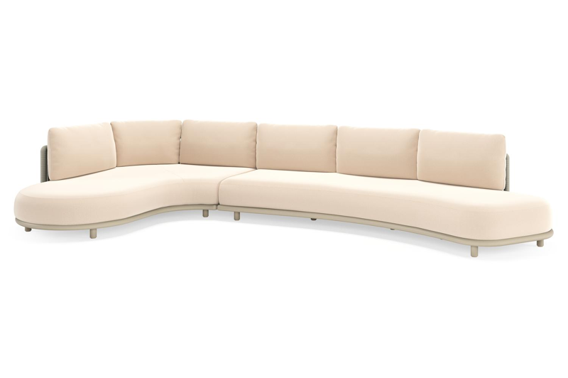 Lomano loungehoek in beige aluminium en beige verticaal geweven luxe vlakke rope met Natte Linen Chalk all weather sunbrellaÂ® luxe