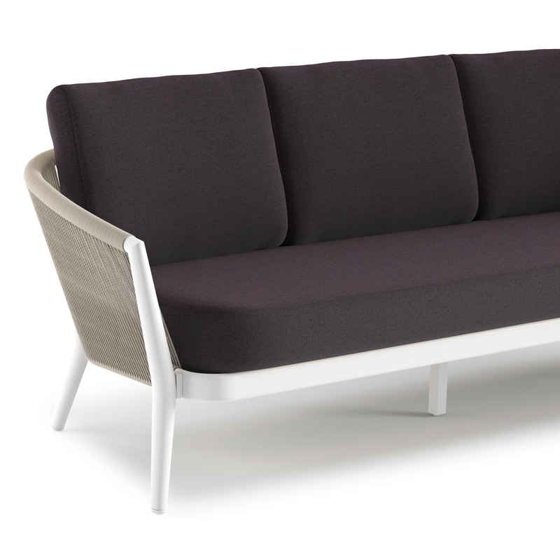 Canapé de jardin Orso en aluminium blanc en corde ronde tissée verticalement beige et coussins en all weather sunbrella® luxe Tundra Red