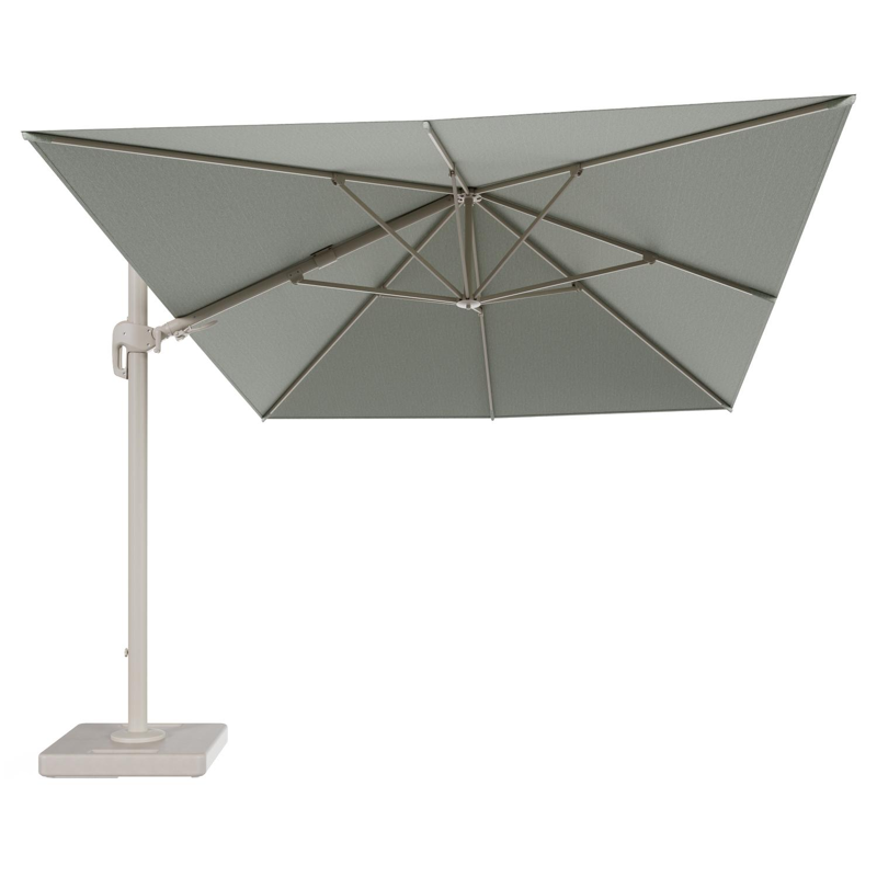 Rufina zweefparasol tiltfunctie in beige aluminium en parasoldoek in All Weather Sunbrella® Luxe Slow Spirea - L1 400 x L2 300 cm met parasolvoet Lapido 160 kg