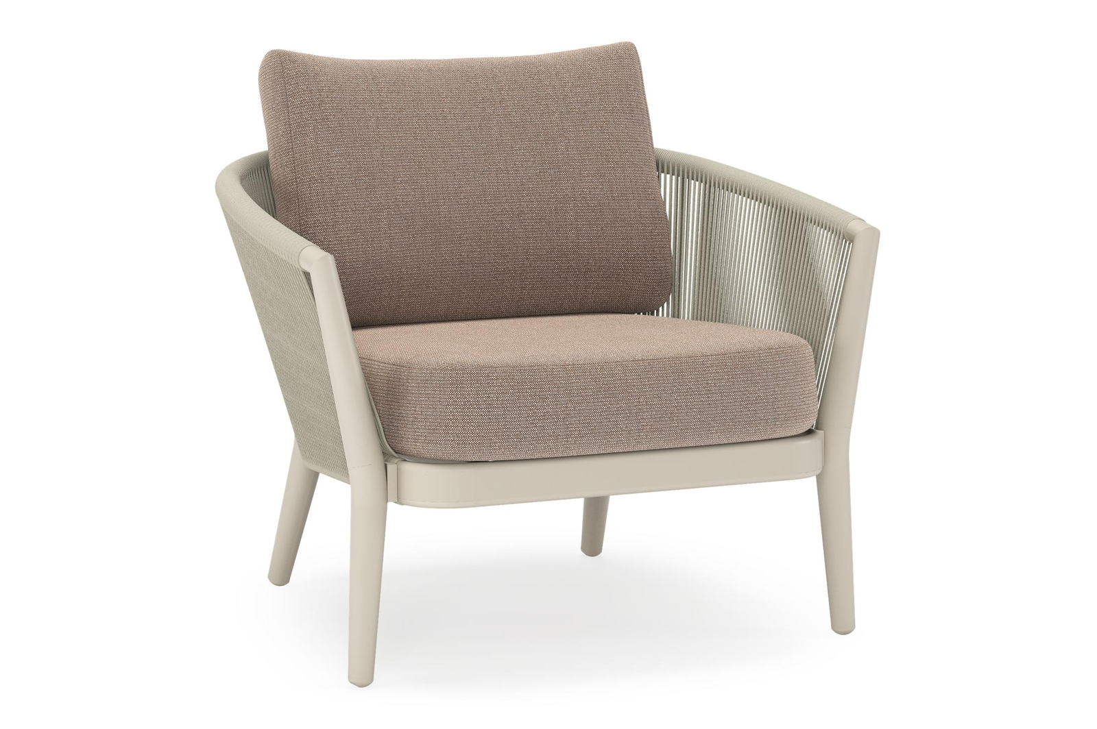 Orso loungestoel in beige aluminium en beige verticaal geweven ronde rope met Savane Earth all weather sunbrella® luxe kussen