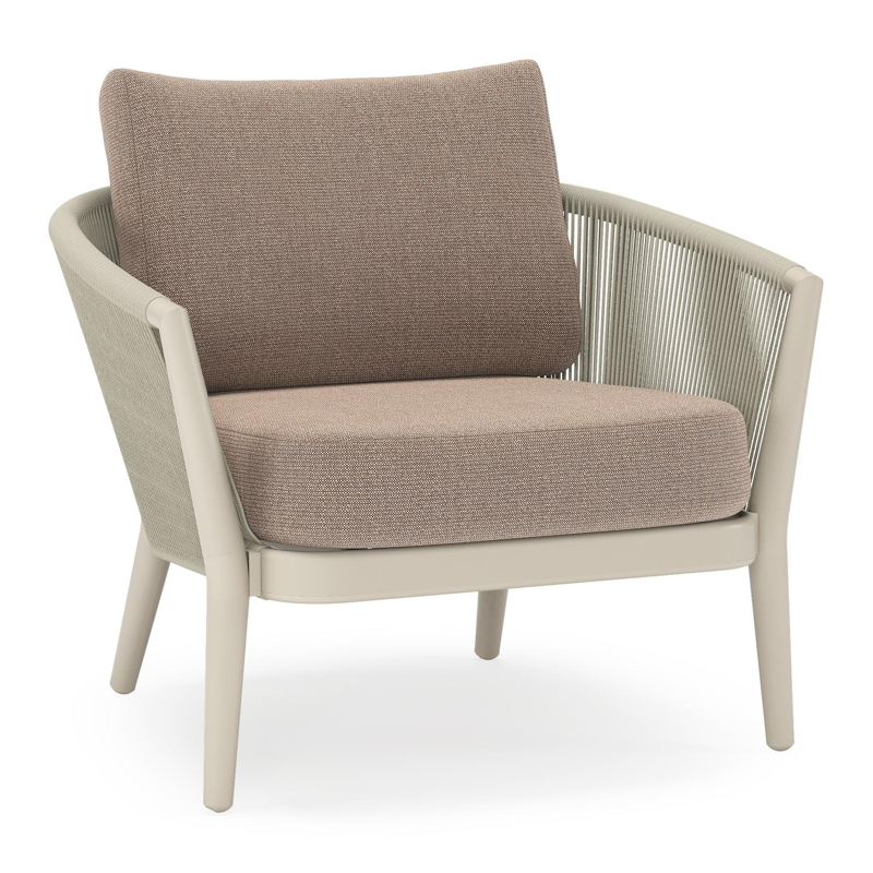 Orso loungestoel in beige aluminium en beige verticaal geweven ronde rope met Savane Earth all weather sunbrella® luxe kussen