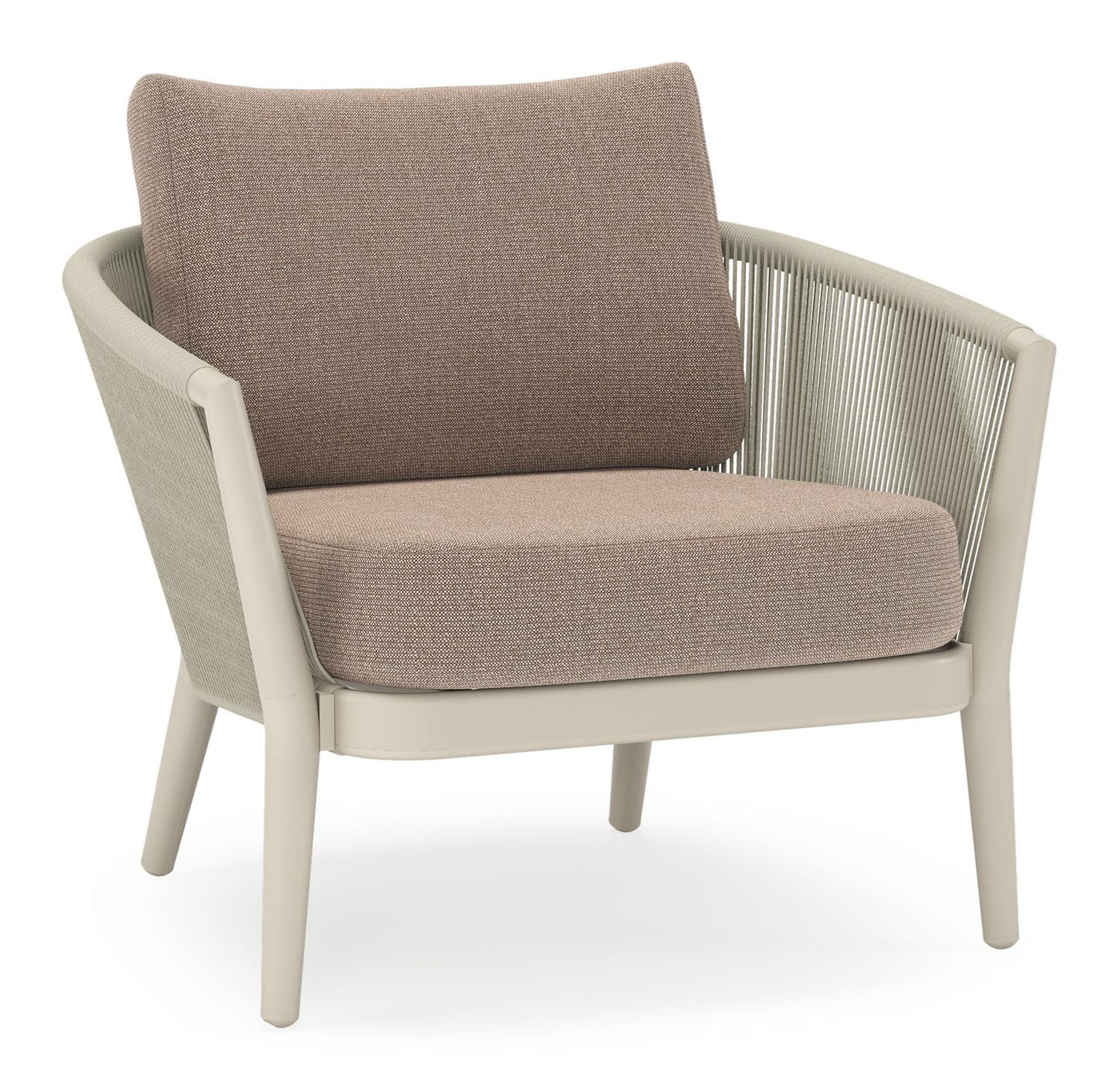 Orso loungestoel in beige aluminium en beige verticaal geweven ronde rope met Savane Earth all weather sunbrella® luxe kussen