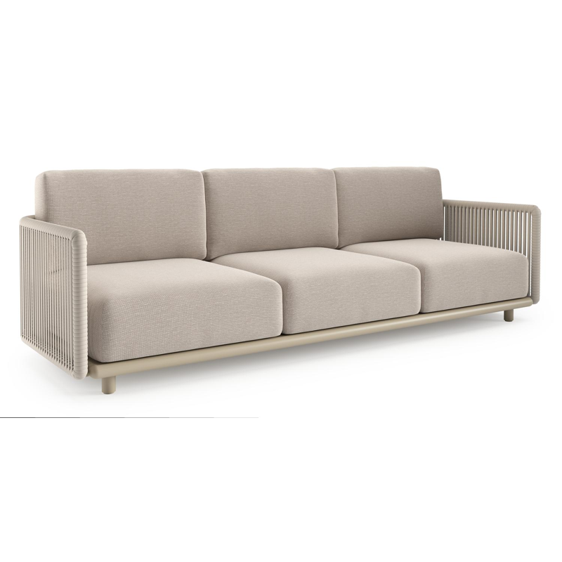 Organo loungebank in beige aluminium en beige verticaal geweven luxe vlakke rope met slow farafra all weather Sunbrella® luxe kussen