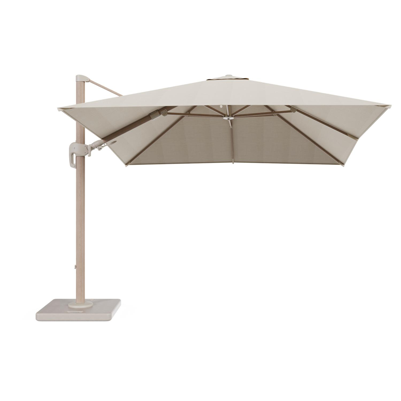 Rufina zweefparasol met tiltfunctie in aluminium houtlook en Sunbrella Premium beige - L1 300 x L2 300 cm met parasolvoet met parasolvoet Lapido 120 kg