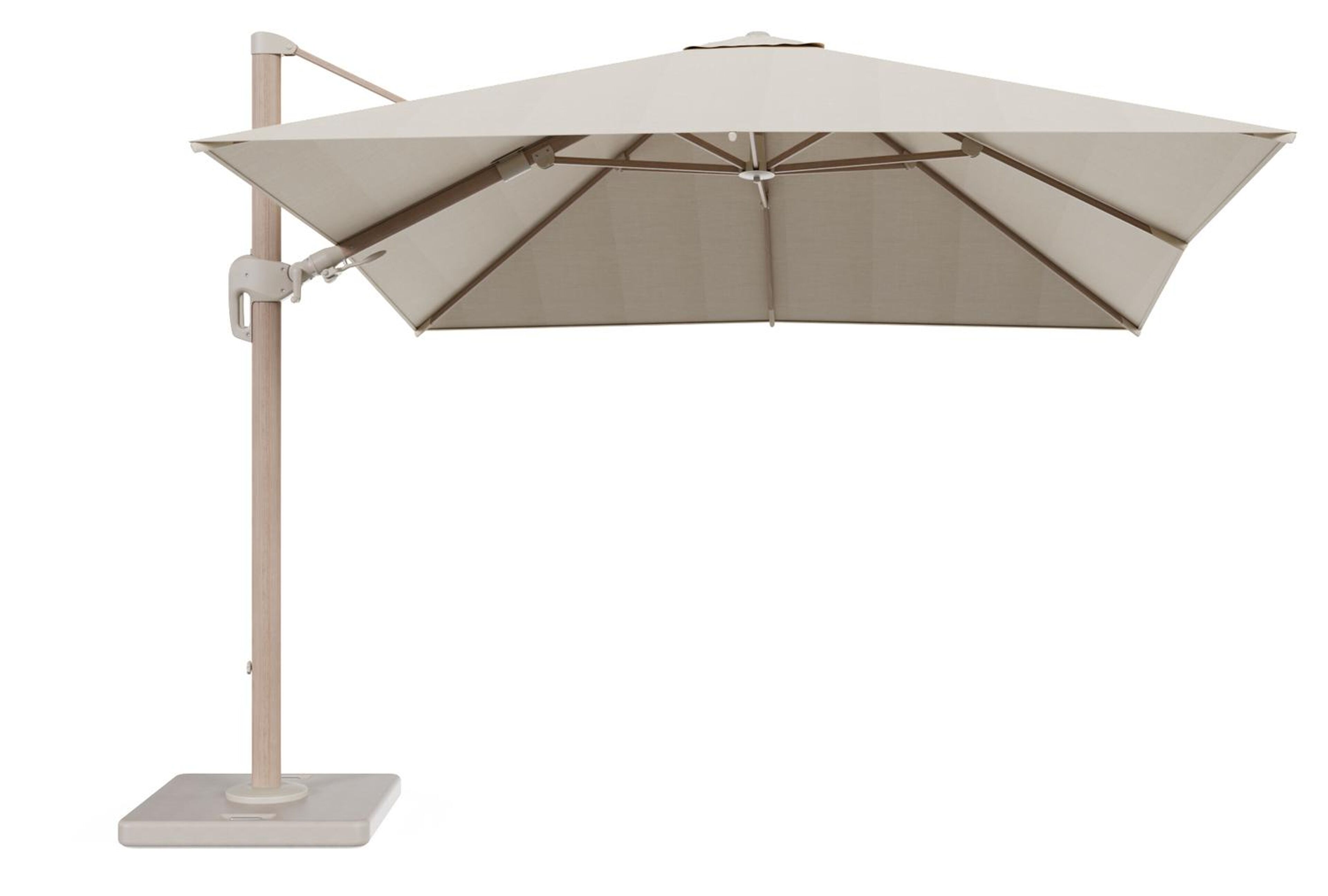 Rufina zweefparasol met tiltfunctie in aluminium houtlook en Sunbrella Premium beige - L1 300 x L2 300 cm met parasolvoet met parasolvoet Lapido 120 kg
