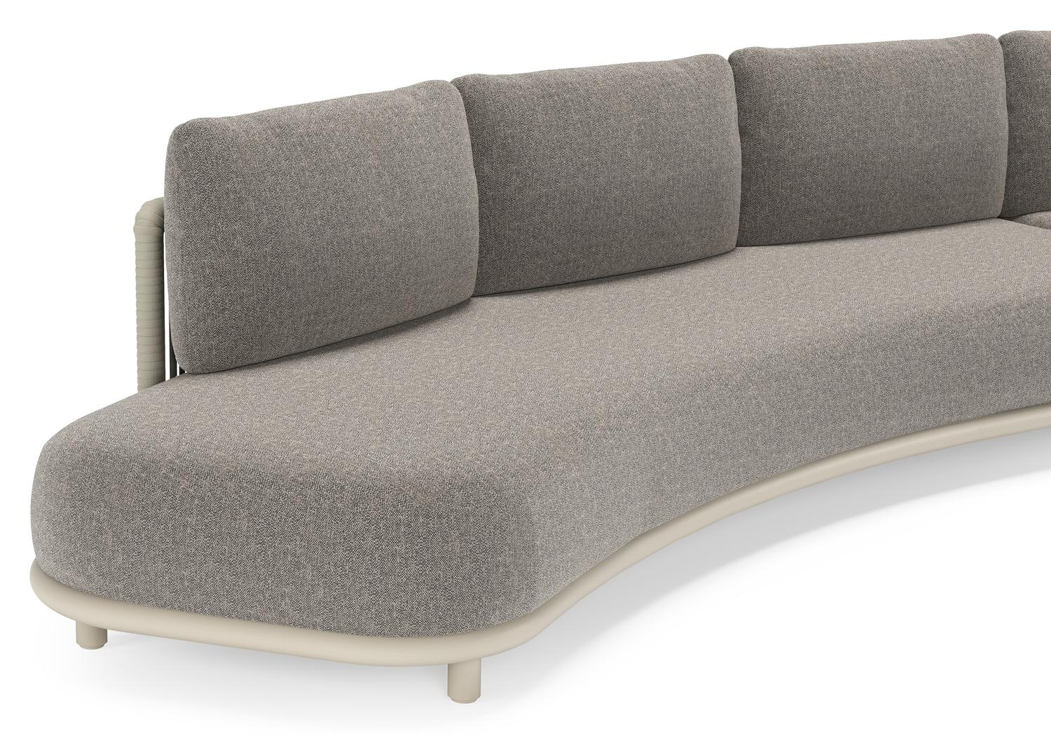 Lomano loungehoek in beige aluminium en beige verticaal geweven luxe vlakke rope met Chartres Drizzle all weather sunbrellaÂ® luxe