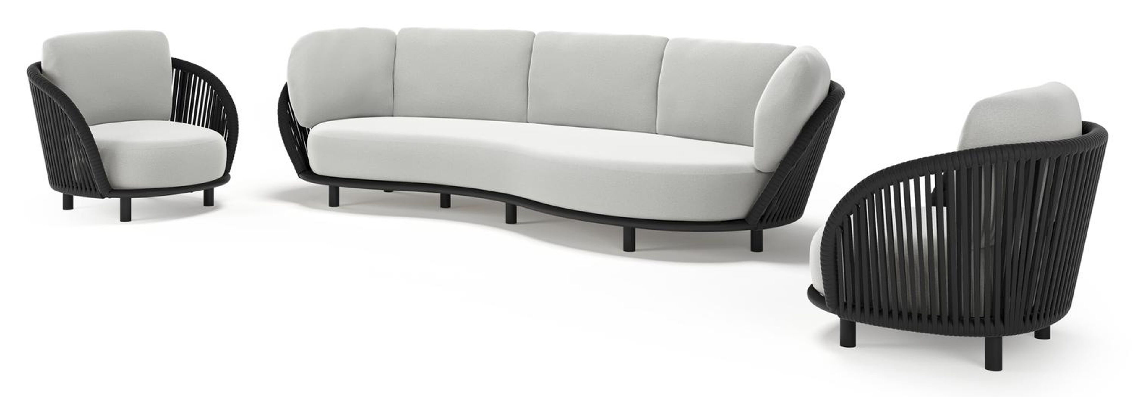 Lupino loungeset in zwart aluminium en zwart verticaal geweven luxe vlakke brede rope met natte grey chine all weather sunbrella® luxe kussen