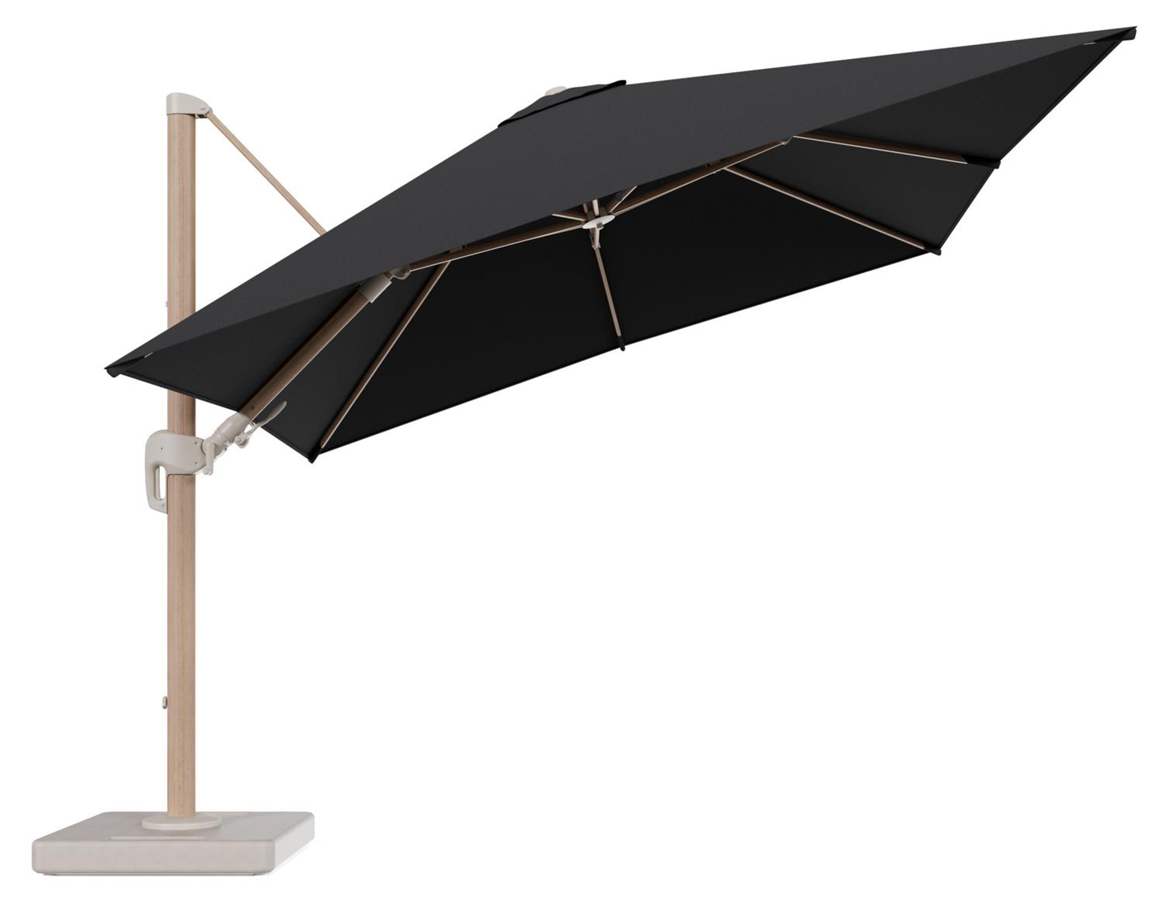 Rufina zweefparasol tiltfunctie in houtlook aluminium en parasoldoek in All Weather Sunbrella® Luxe Natte Sooty - L1 300 x L2 300 cm met parasolvoet Lapido 160 kg