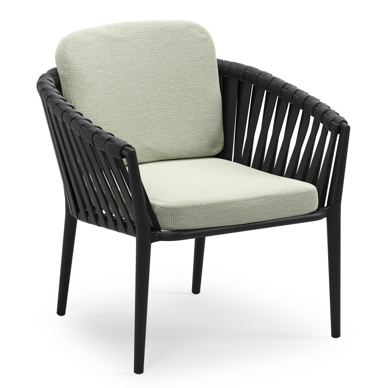 Orso low dining tuinstoel in zwart aluminium en zwart verticaal geweven luxe vlakke brede rope met stoelkussen in All Weather Sunbrella® Luxe Slow Spirea