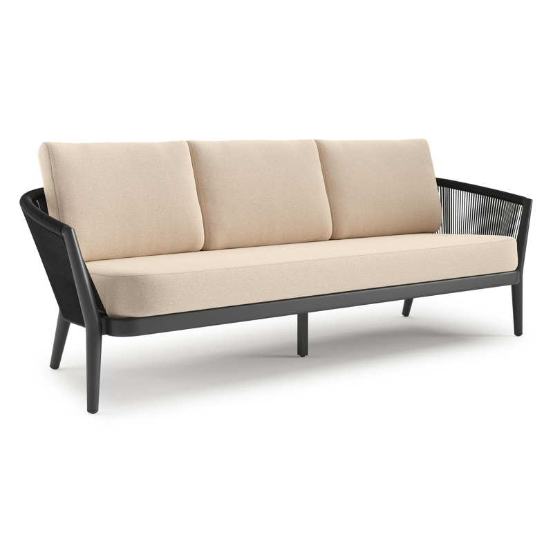 Orso loungebank in zwart aluminium en zwart verticaal geweven ronde rope met Heritage Papyrus all weather sunbrella® luxe kussen