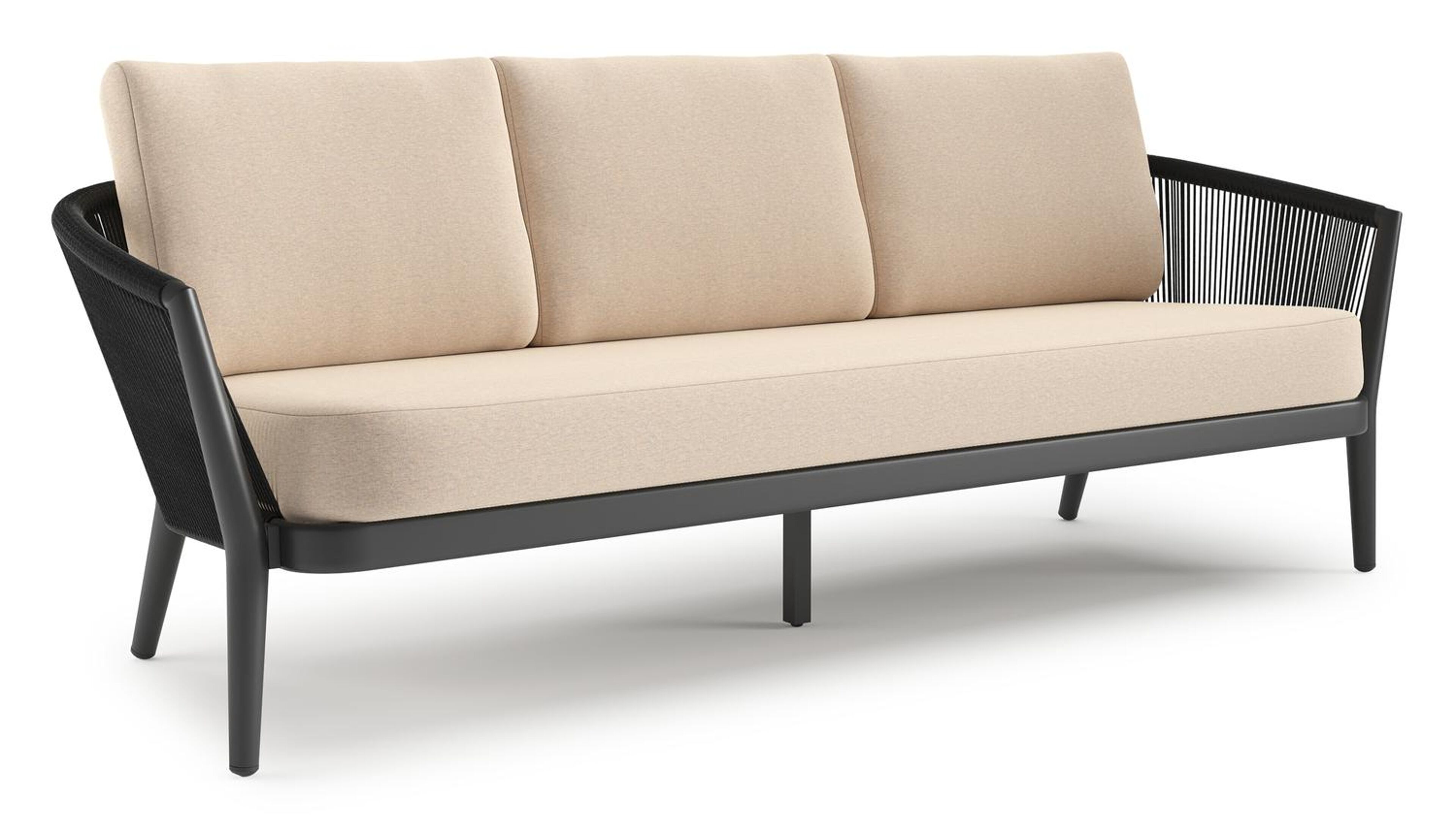 Orso loungebank in zwart aluminium en zwart verticaal geweven ronde rope met Heritage Papyrus all weather sunbrella® luxe kussen