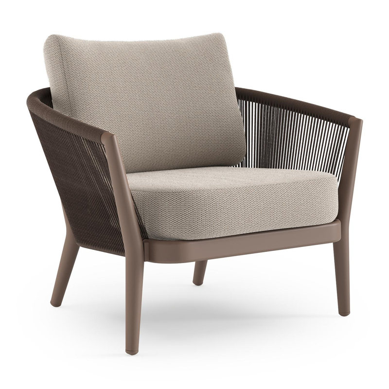 Orso loungestoel in taupe aluminiumen zwart verticaal geweven ronde rope met Lopi Fossil all weather sunbrella® luxe kussen