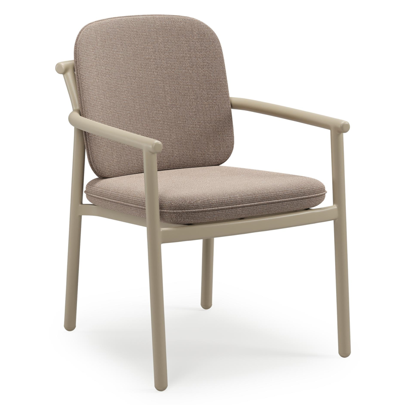Bono stapelbare tuinstoel in beige aluminium met stoelkussen in All Weather Sunbrella® Luxe Savane Earth