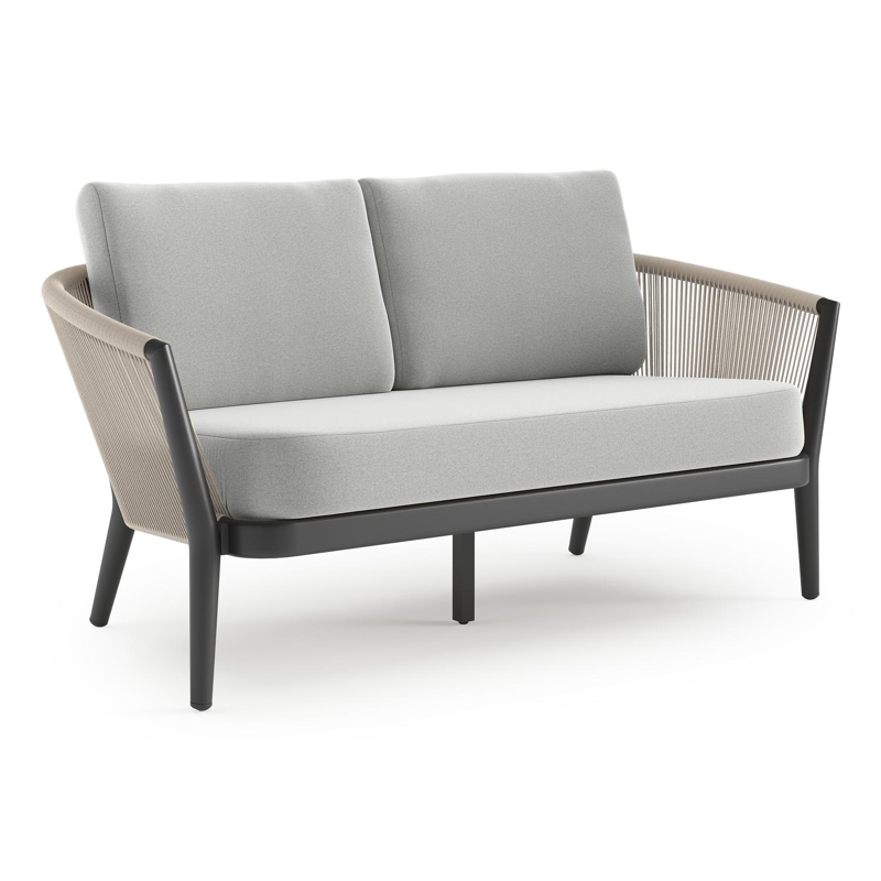 Orso loungebank in zwart aluminium en beige verticaal geweven ronde rope met Natte Grey Chine all weather sunbrella® luxe kussen
