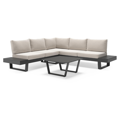 Salon de jardin Alora en aluminium noir et coussins en Weather+ Softtouch beige et table basse