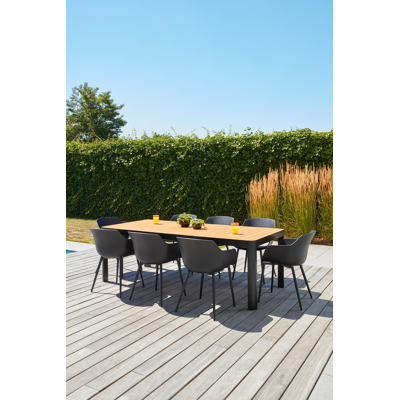 Ellara tuinset in zwart aluminium en naturel polywood tafelblad met 8 Paco tuinstoelen