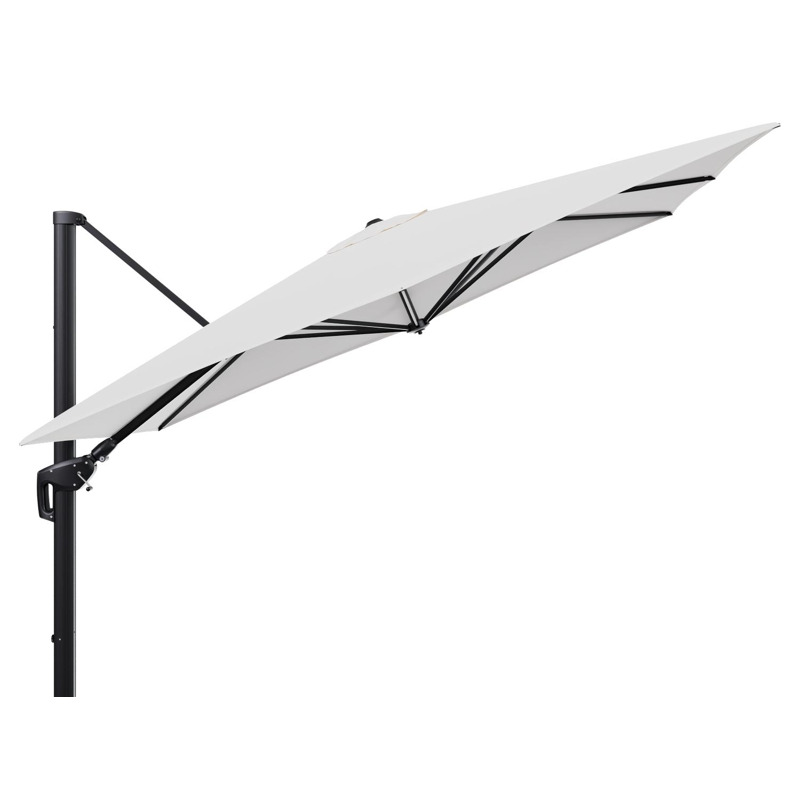 Parasol pendant Minore avec fonction tilt en aluminium noir et toile de parasol en All Weather Sunbrella® Luxe Lopi Snow  - Lg.1: 280 x Lg.2: 370 cm (sans pied de parasol