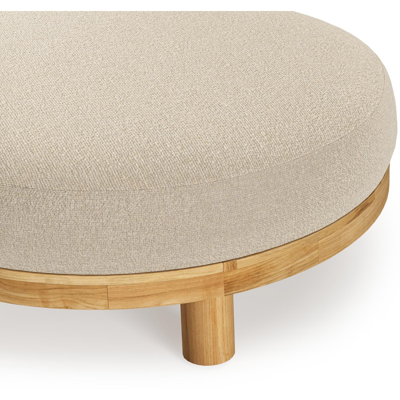 Donato lounge poef in teak en beige verticaal geweven ronde rope met all weather cosytica Marbella Sand kussen