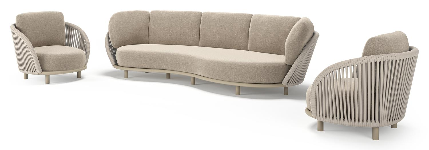 Lupino loungeset in beige aluminium en beige verticaal geweven luxe vlakke brede rope met chartres pewter all weather sunbrella® luxe kussen