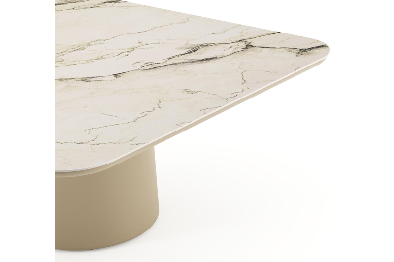 Amico low dining tuintafel afgerond vierkant in beige aluminium en volkeramiek Colorado Dunes - L 148 x B 148 x H 61 cm