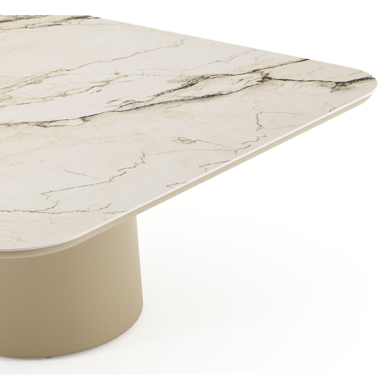 Table de jardin low dining Amico carré arrondi en aluminium beige et céramique pleine Colorado Dunes - Lg. 148 x Lrg. 148 x Haut. 61 cm