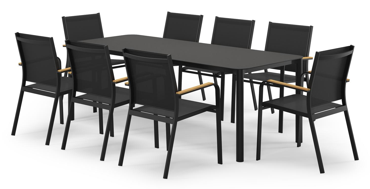 Mira rechthoekige afgeronde tuinset in zwart aluminium en sintered stone notte minerale met 8 Amalfi tuinstoelen