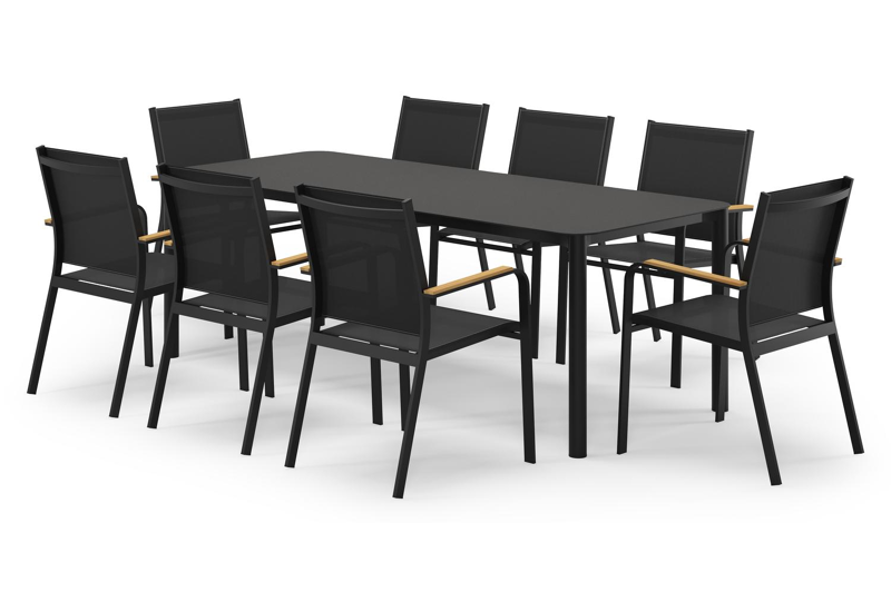Mira rechthoekige afgeronde tuinset in zwart aluminium en sintered stone notte minerale met 8 Amalfi tuinstoelen