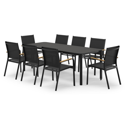 Mira rechthoekige afgeronde tuinset in zwart aluminium en sintered stone notte minerale met 8 Amalfi tuinstoelen