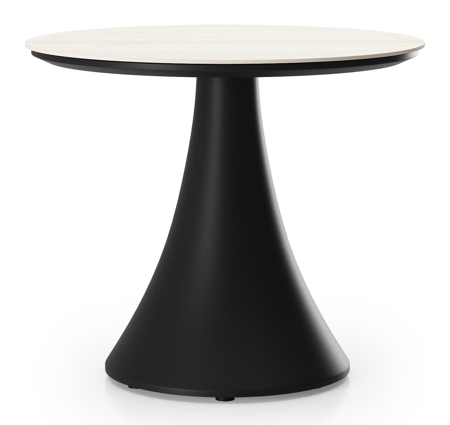 Table de basse low dining Fano ronde en aluminium noir et céramique pleine Travertino Bianco - Diam. 65 x Haut. 55 cm