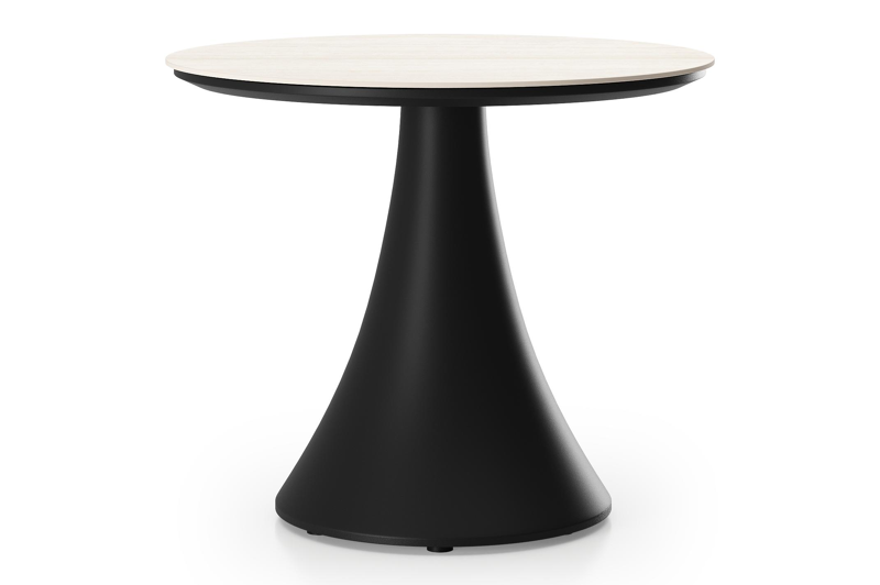 Fano low dining loungetafel rond in zwart aluminium en volkeramiek Travertino Bianco - Dia. 65 x H 40 cm