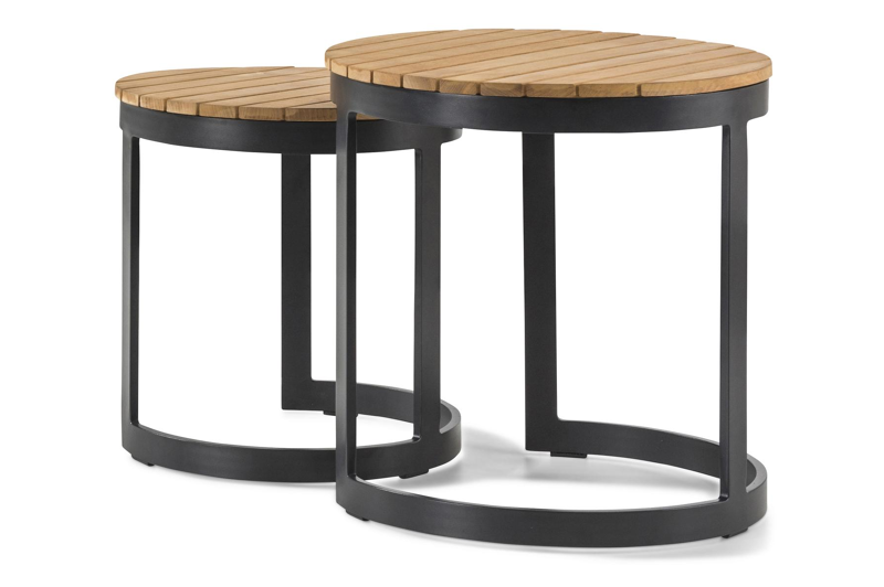 Enna bijzettafels in zwart aluminium en naturel teak - Dia. 44 X H 46 cm