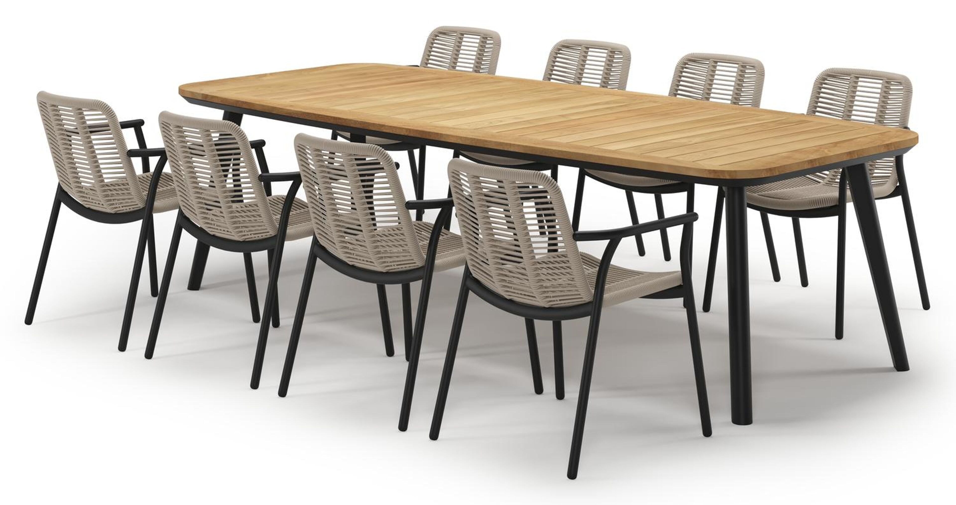 Mosa tuinset in zwart aluminium en teak met 8 stapelbare Berga tuinstoelen