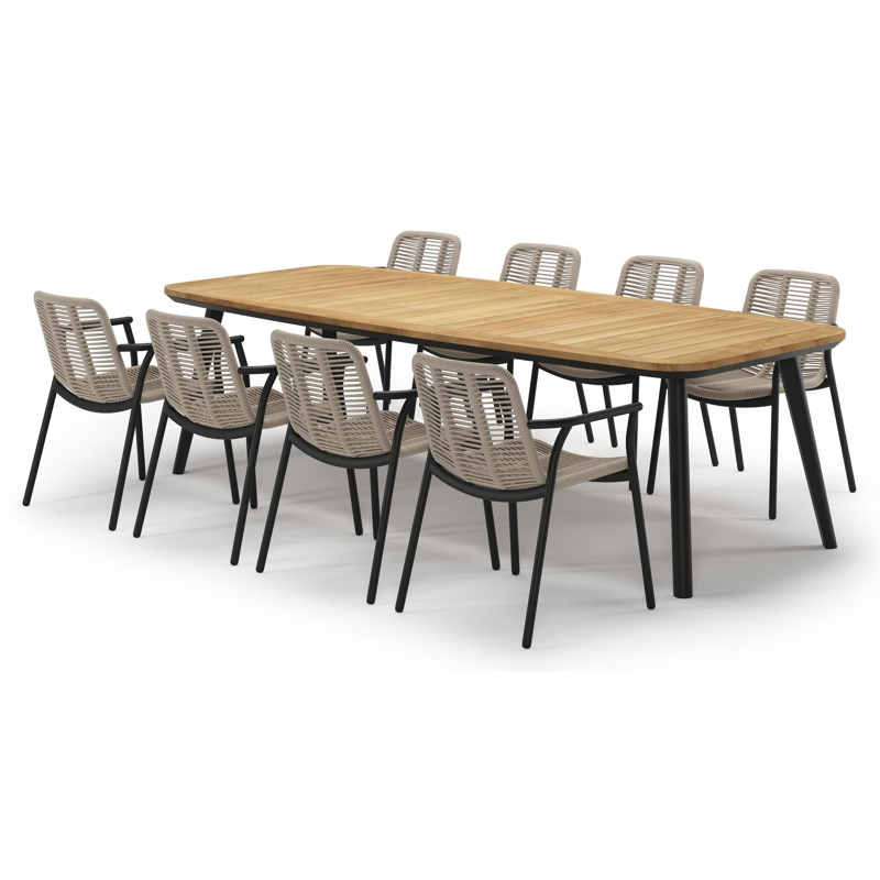 Mosa tuinset in zwart aluminium en teak met 8 stapelbare Berga tuinstoelen