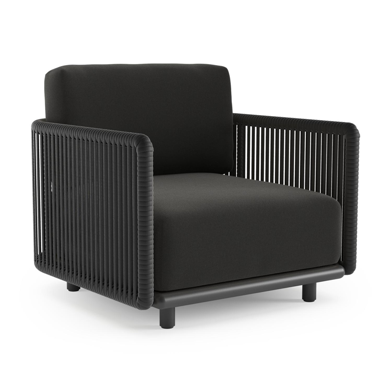 Organo loungestoel in zwart aluminium en zwart verticaal geweven luxe vlakke rope met natte sooty all weather Sunbrella® luxe kussen
