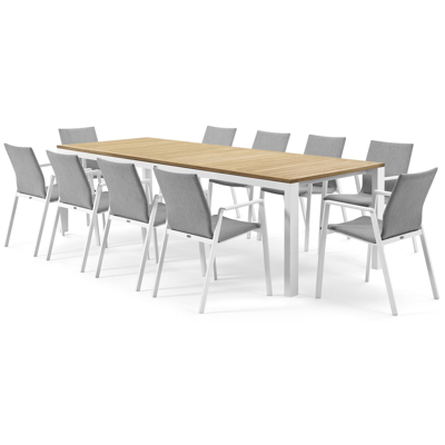 Trente tuinset in wit aluminium en teak naturel tafelblad met 10 stapelbare Madura tuinstoelen