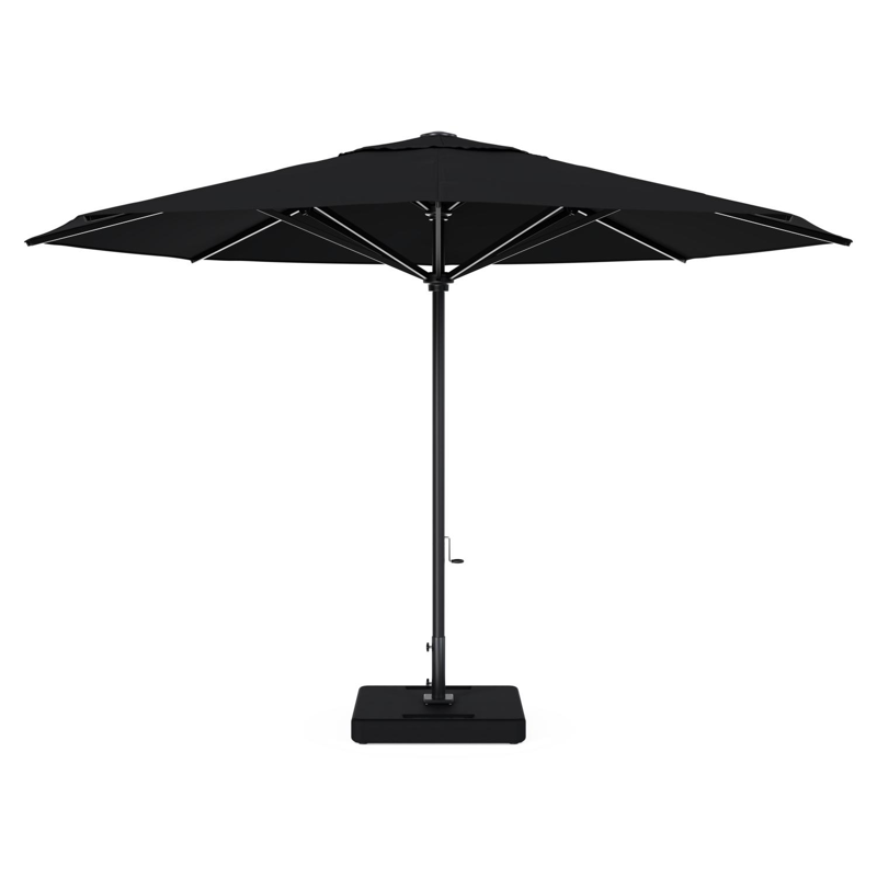 Parasol Solino en aluminium noir avec toile de parasol en all weather sunbrella® premium noir - Diam. 400 cm avec pied de parasol Lapido 120 kg