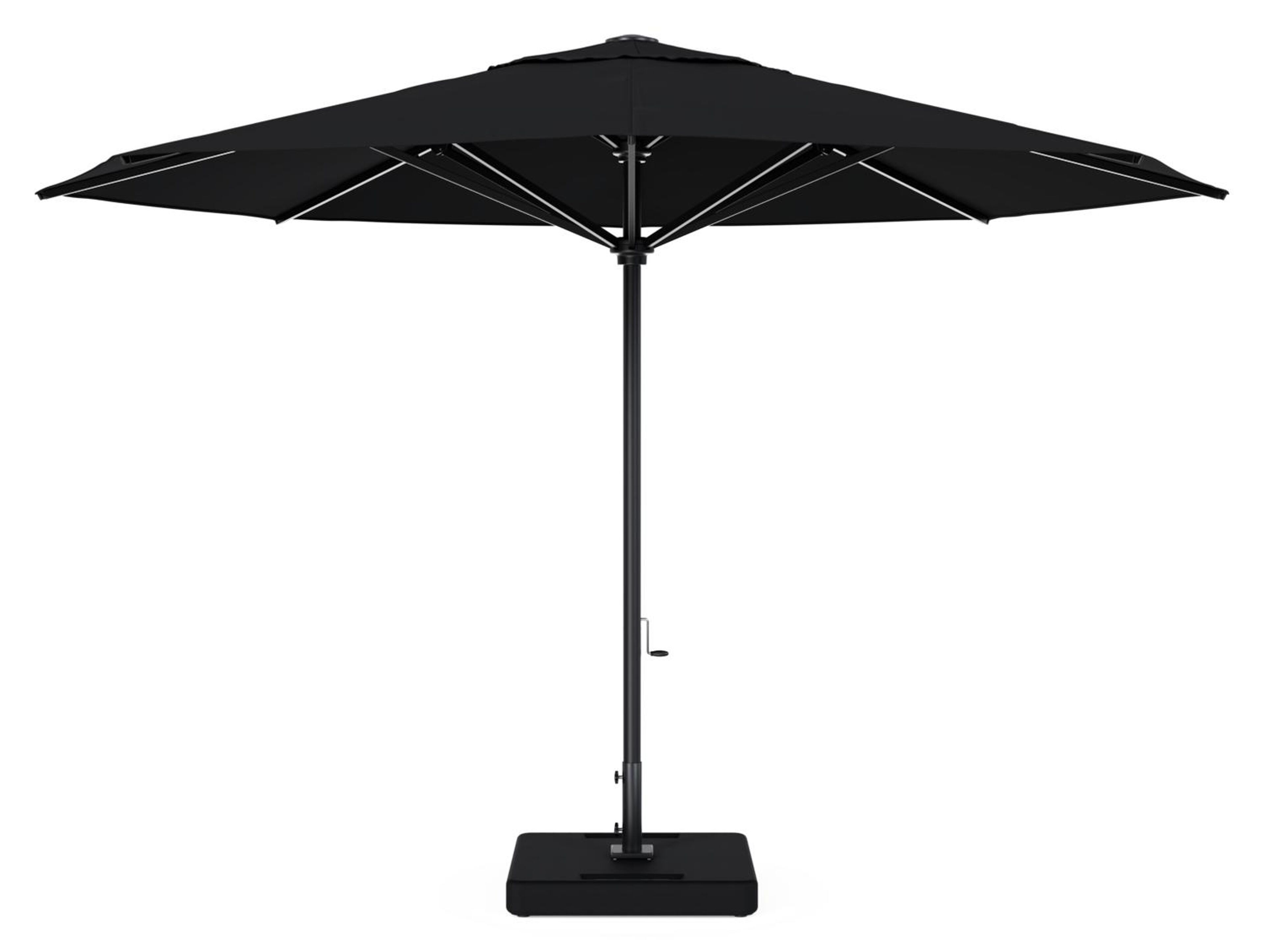 Parasol Solino en aluminium noir avec toile de parasol en all weather sunbrella® premium noir - Diam. 400 cm avec pied de parasol Lapido 120 kg