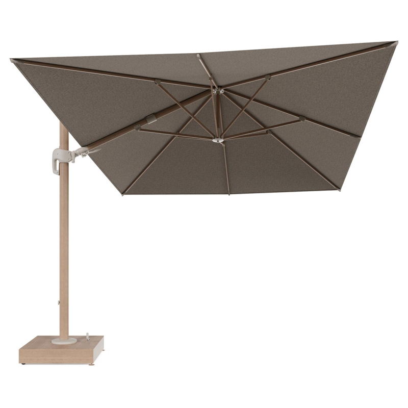 Rufina zweefparasol met tiltfunctie in houtlook aluminium en Chartres Pewter All Weather Sunbrella® Luxe parasoldoek - L1 400 x L2 300 cm met parasolvoet Minore 150 kg met wielen